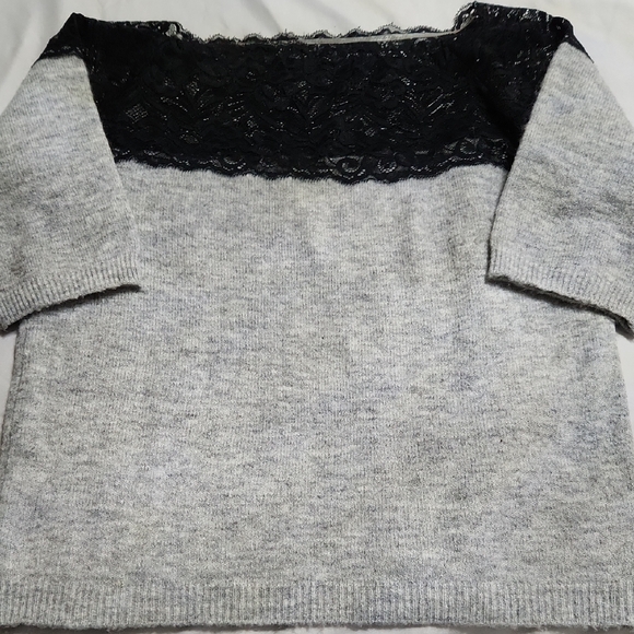 Lascana Sweaters - Chic Off-the-Shoulder Gray Sweater with Black Lace